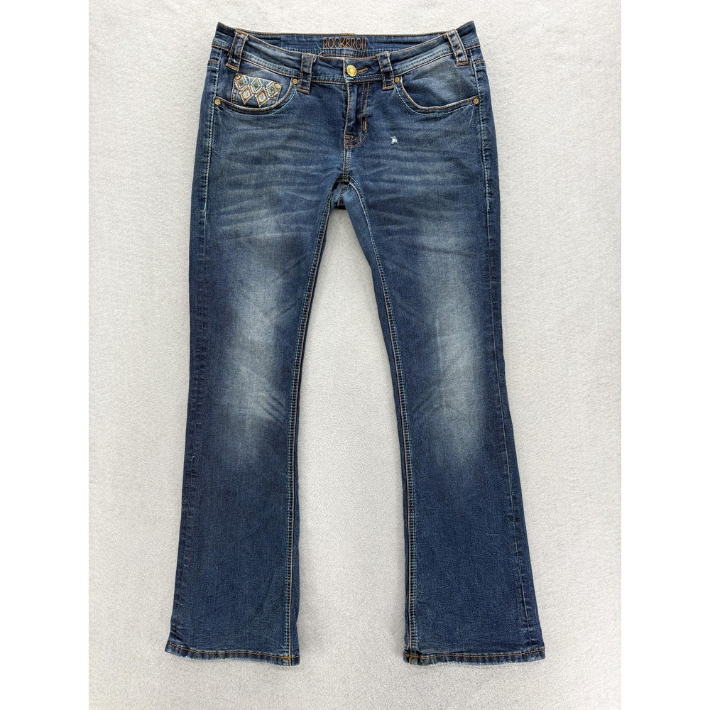 Rock And Roll Cowgirl Rival Bootcut Jeans Womens 29x32 Blue Low Rise Embroidered